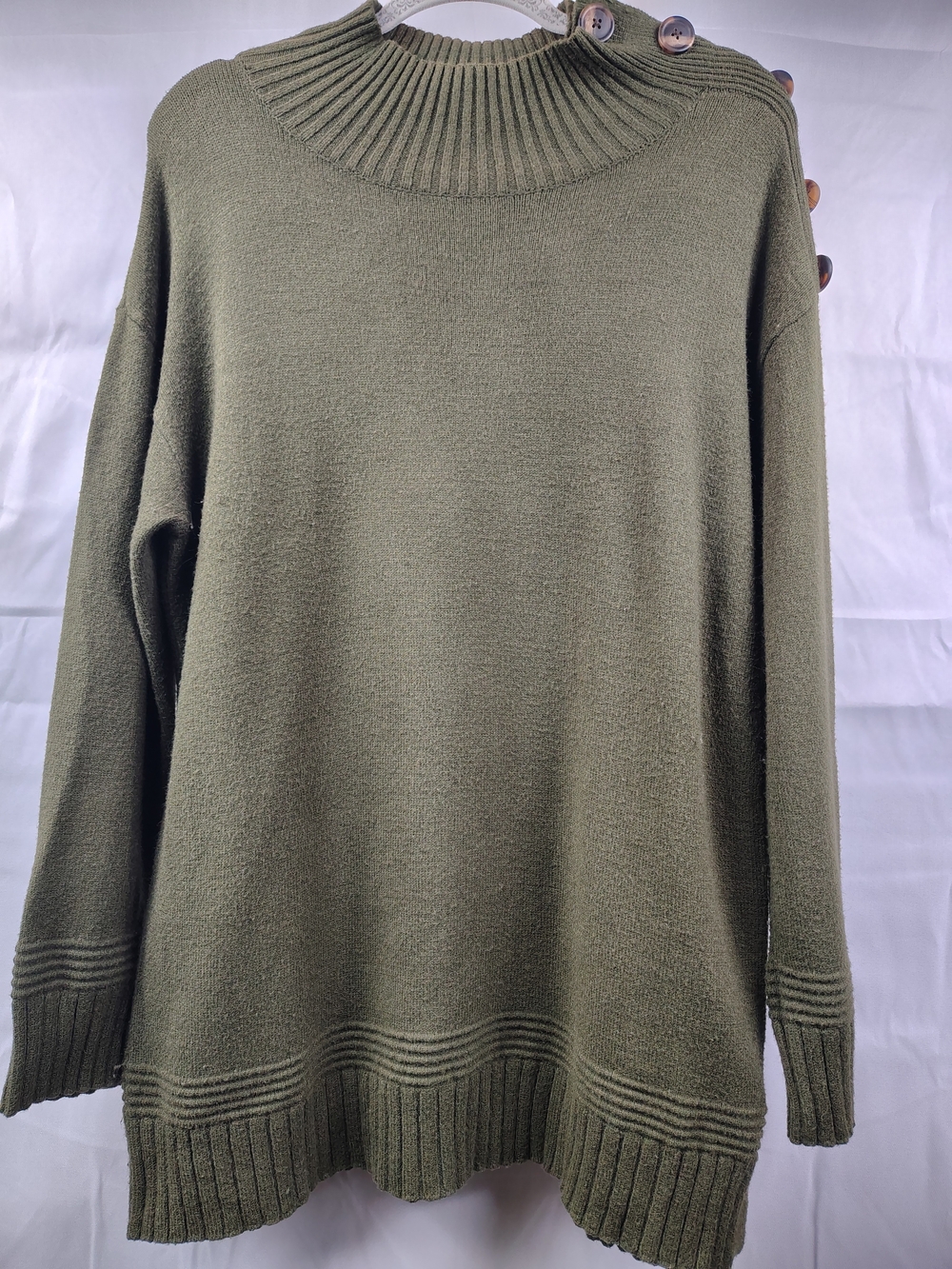 Anthropologie Olive Green Button-Shoulder Knit Sweater Size Medium